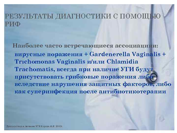 РЕЗУЛЬТАТЫ ДИАГНОСТИКИ С ПОМОЩЬЮ РИФ Наиболее часто встречающиеся ассоциациии: вирусные поражения + Gardenerella Vaginalis