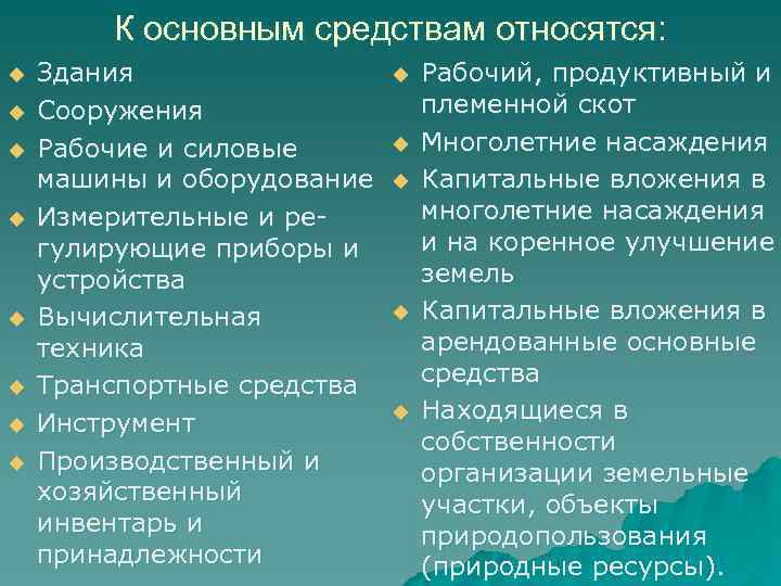 К основным средствам относятся: u u u u Здания Сооружения Рабочие и силовые машины