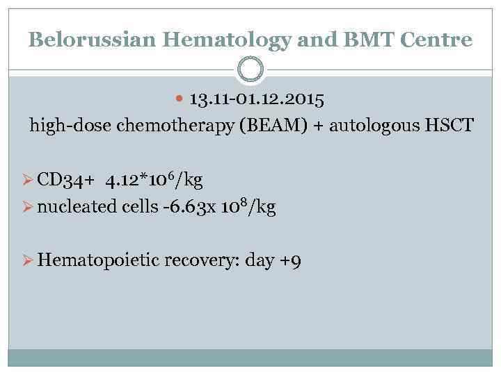 Belorussian Hematology and BMT Centre 13. 11 -01. 12. 2015 high-dose chemotherapy (BEAM) +