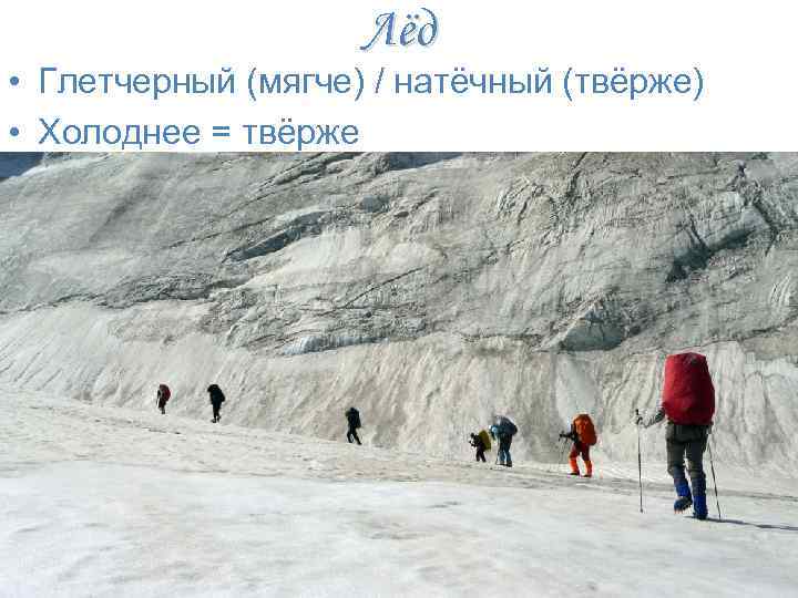 Лёд • Глетчерный (мягче) / натёчный (твёрже) • Холоднее = твёрже 