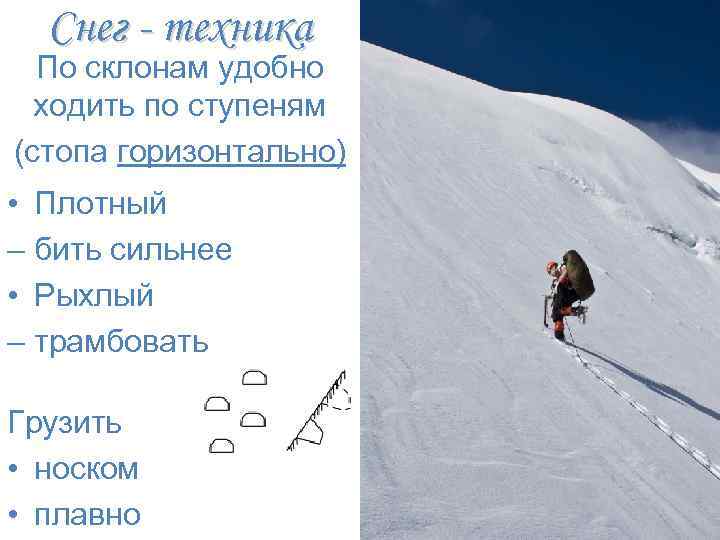 Снег - техника По склонам удобно ходить по ступеням (стопа горизонтально) • Плотный –