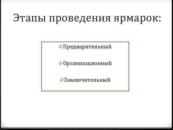 Этапы проведения ярмарок: 0 Предварительный 0 Организационный 0 Заключительный 