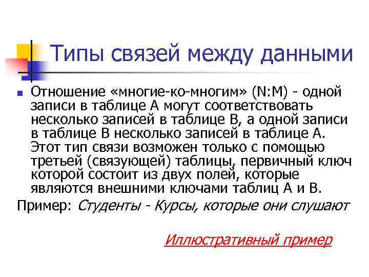 Типы связей между данными Отношение «многие-ко-многим» (N: M) - одной записи в таблице A