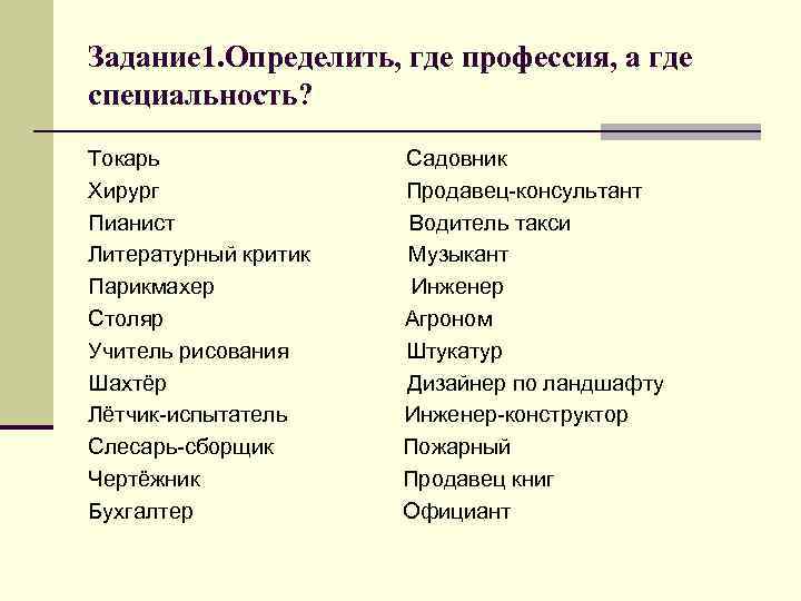 Задание 1. Определить, где профессия, а где специальность? Токарь Хирург Пианист Литературный критик Парикмахер