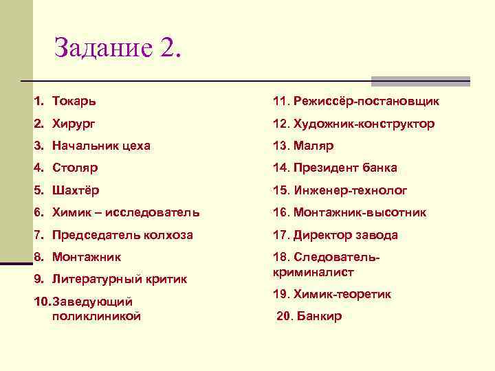 Задание 2. 1. Токарь 11. Режиссёр-постановщик 2. Хирург 12. Художник-конструктор 3. Начальник цеха 13.