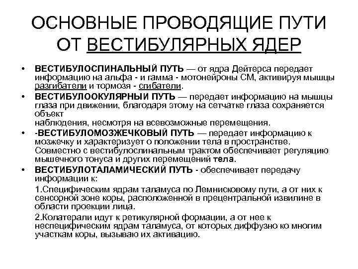 ОСНОВНЫЕ ПРОВОДЯЩИЕ ПУТИ ОТ ВЕСТИБУЛЯРНЫХ ЯДЕР • • ВЕСТИБУЛОСПИНАЛЬНЫЙ ПУТЬ — от ядра Дейтерса