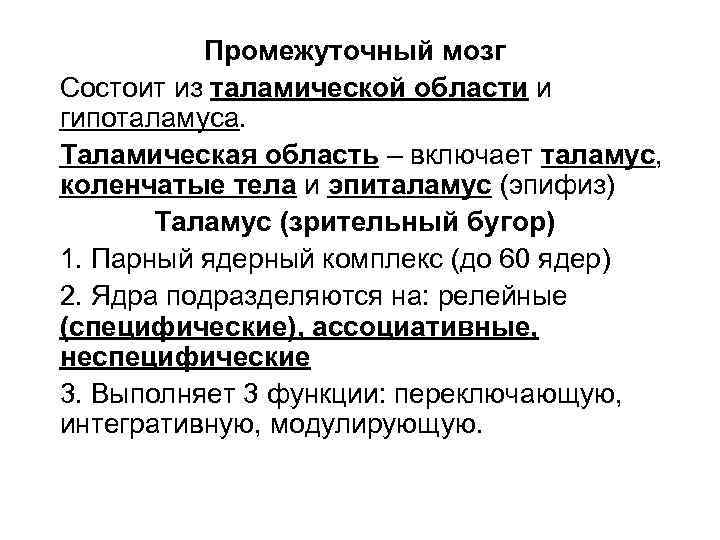 Промежуточный мозг Состоит из таламической области и гипоталамуса. Таламическая область – включает таламус, коленчатые
