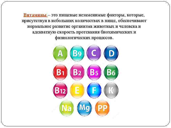 Витамины – это пищевые незаменимые факторы, которые, присутствуя в небольших количествах в пище, обеспечивают