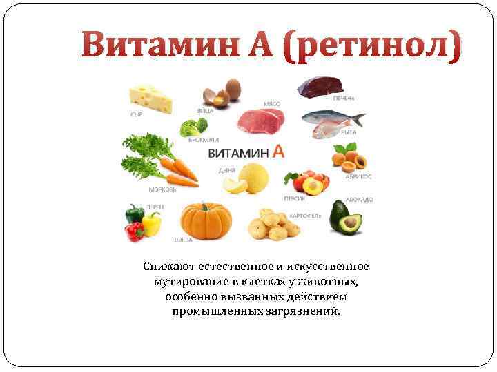 Витамин А (ретинол) Снижают естественное и искусственное мутирование в клетках у животных, особенно вызванных