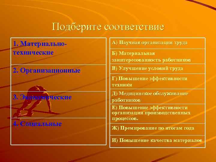 Подберите соответствие 1. Материальнотехнические А) Научная организация труда 2. Организационные В) Улучшение условий труда