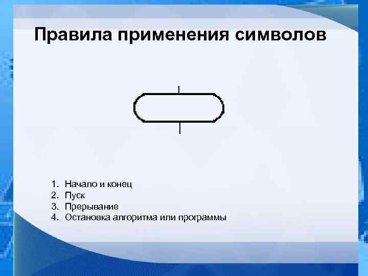 Правила применения символов 1. 2. 3. 4. Начало и конец Пуск Прерывание Остановка алгоритма