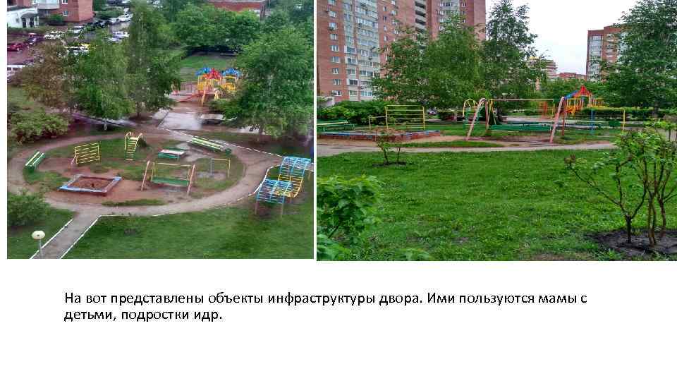 На вот представлены объекты инфраструктуры двора. Ими пользуются мамы с детьми, подростки идр. 