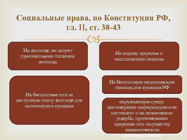 Социальные права, по Конституции РФ, гл. II, ст. 38 -43 На жилище, на запрет