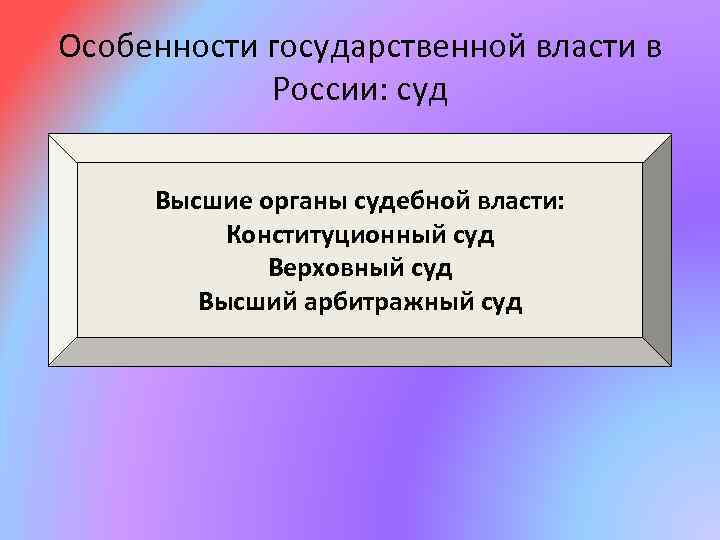 Особенности государственной власти в России: суд Высшие органы судебной власти: Конституционный суд Верховный суд