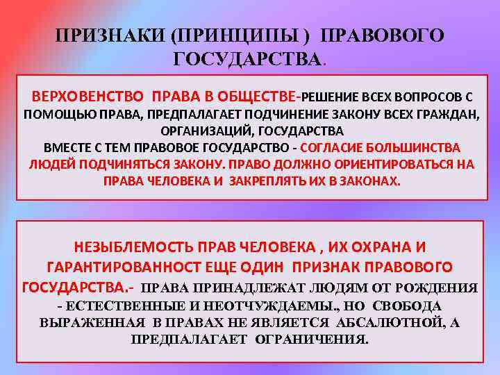 ПРИЗНАКИ (ПРИНЦИПЫ ) ПРАВОВОГО ГОСУДАРСТВА. ВЕРХОВЕНСТВО ПРАВА В ОБЩЕСТВЕ-РЕШЕНИЕ ВСЕХ ВОПРОСОВ С ПОМОЩЬЮ ПРАВА,