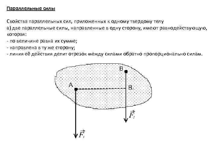 Две параллельные силы. Свойства параллельных сил. Равнодействующая 2 параллельных сил. Схема параллельных сил. Разложение параллельных сил, направленных в одну сторону..