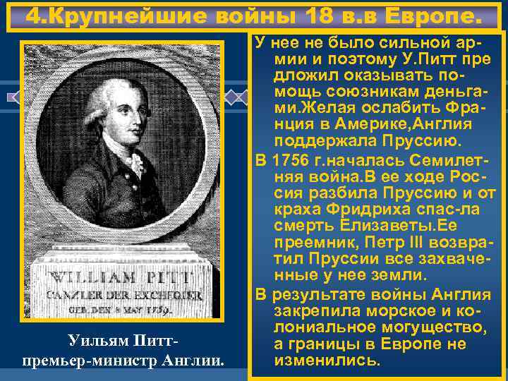 4. Крупнейшие войны 18 в. в Европе. Уильям Питтпремьер-министр Англии. У нее не было