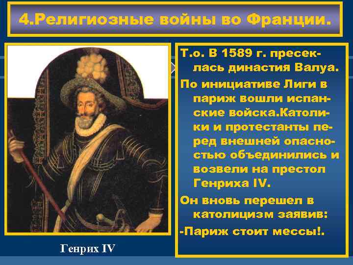 4. Религиозные войны во Франции. Генрих IV Т. о. В 1589 г. пресек. Генрих