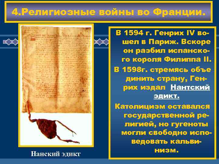 4. Религиозные войны во Франции. Нанский эдикт В 1594 г. Генрих IV вошел в