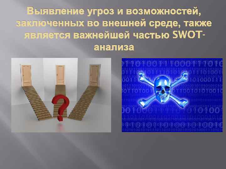 Выявление угроз и возможностей, заключенных во внешней среде, также является важнейшей частью SWOTанализа 
