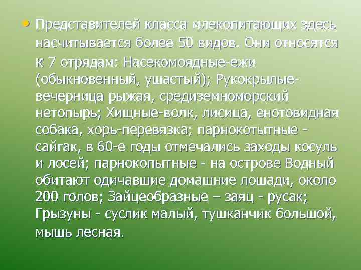  • Представителей класса млекопитающих здесь насчитывается более 50 видов. Они относятся к 7