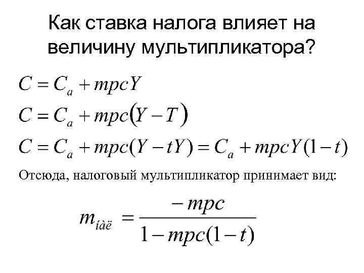 Как ставка налога влияет на величину мультипликатора? Отсюда, налоговый мультипликатор принимает вид: 