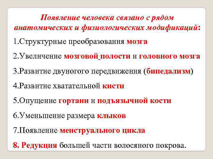 Появление человека связано с рядом анатомических и физиологических модификаций: 1. Структурные преобразования мозга 2.