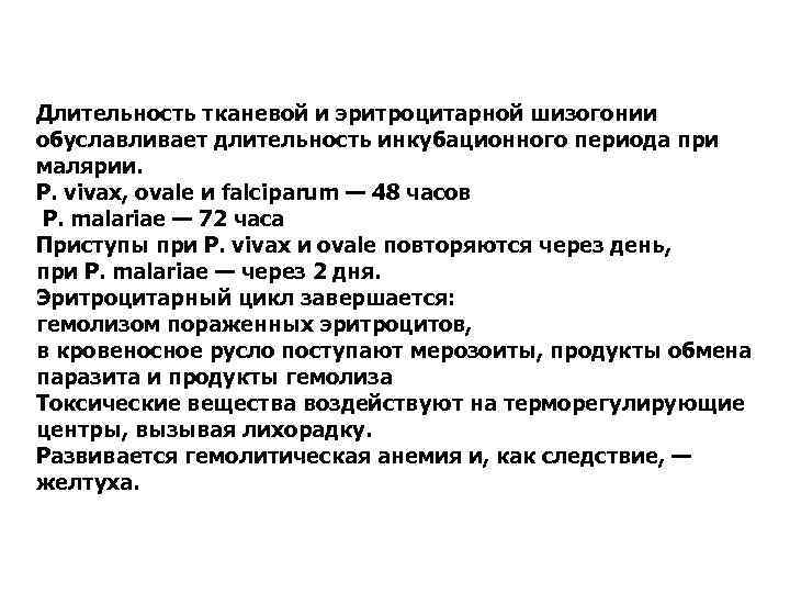 Длительность тканевой и эритроцитарной шизогонии обуславливает длительность инкубационного периода при малярии. Р. vivax, ovale