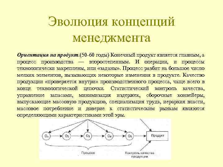 Эволюция концепций менеджмента Ориентация на продукт. (50 -60 годы) Конечный продукт является главным, а