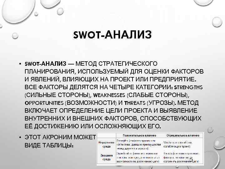 SWOT-АНАЛИЗ • SWOT-АНАЛИЗ — МЕТОД СТРАТЕГИЧЕСКОГО ПЛАНИРОВАНИЯ, ИСПОЛЬЗУЕМЫЙ ДЛЯ ОЦЕНКИ ФАКТОРОВ И ЯВЛЕНИЙ, ВЛИЯЮЩИХ
