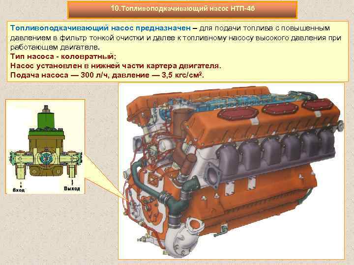 10. Топливоподкачивающий насос НТП-46 Топливоподкачивающий насос предназначен – для подачи топлива с повышенным давлением