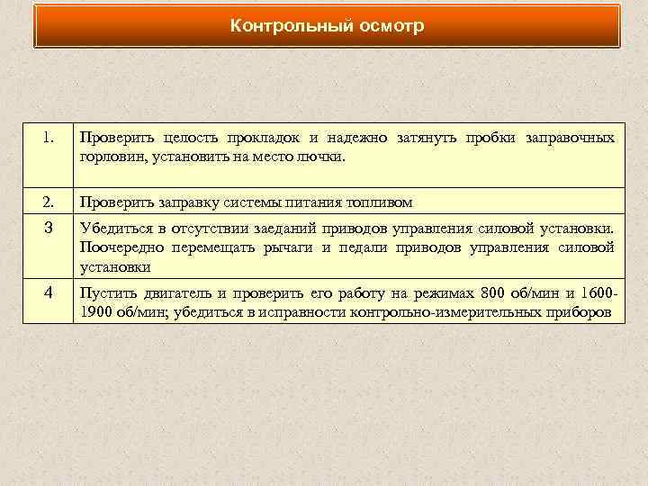 Контрольный осмотр 1. Проверить целость прокладок и надежно затянуть пробки заправочных горловин, установить на