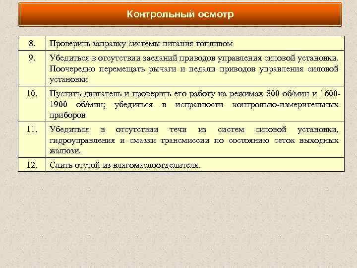 Контрольный осмотр 8. Проверить заправку системы питания топливом 9. Убедиться в отсутствии заеданий приводов