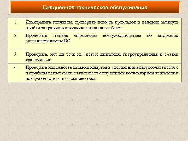 Ежедневное техническое обслуживание 1. Дозаправить топливом, проверить целость прокладок и надежно затянуть пробки заправочных