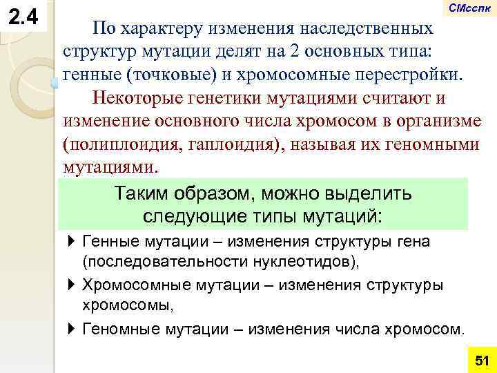 2. 4 СМсспк По характеру изменения наследственных структур мутации делят на 2 основных типа: