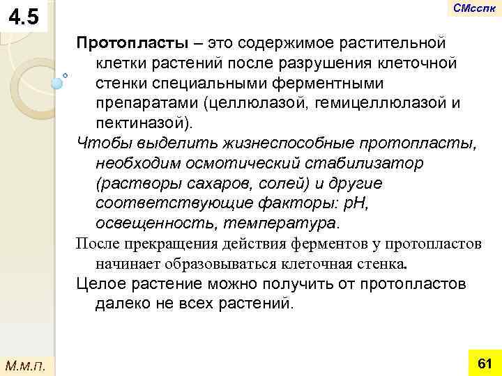 4. 5 СМсспк Протопласты – это содержимое растительной клетки растений после разрушения клеточной стенки