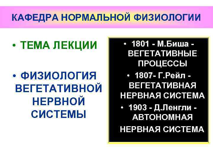 КАФЕДРА НОРМАЛЬНОЙ ФИЗИОЛОГИИ • ТЕМА ЛЕКЦИИ • ФИЗИОЛОГИЯ ВЕГЕТАТИВНОЙ НЕРВНОЙ СИСТЕМЫ • 1801 -