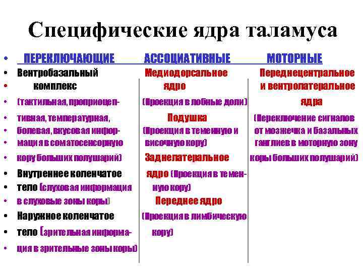 Специфические ядра таламуса • ПЕРЕКЛЮЧАЮЩИЕ АССОЦИАТИВНЫЕ • Вентробазальный • комплекс Медиодорсальное ядро • (тактильная,