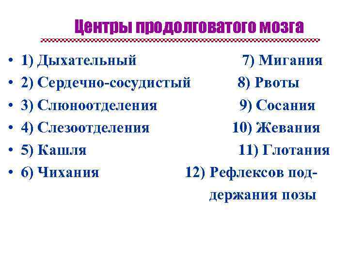 Центры продолговатого мозга • • • 1) Дыхательный 7) Мигания 2) Сердечно-сосудистый 8) Рвоты