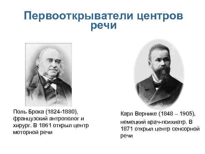 Первооткрыватели центров речи n Поль Брока (1824 -1880), французский антрополог и хирург. В 1861