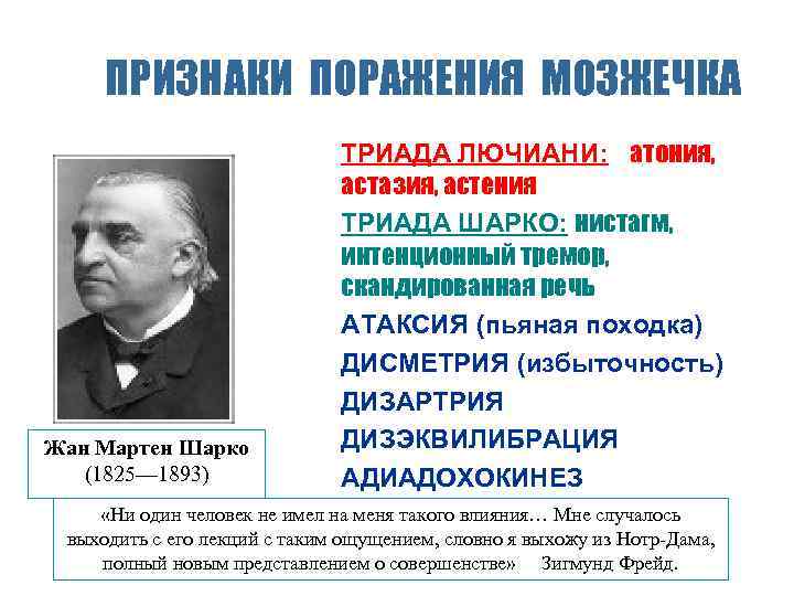ПРИЗНАКИ ПОРАЖЕНИЯ МОЗЖЕЧКА n n n Жан Мартен Шарко (1825— 1893) n n ТРИАДА