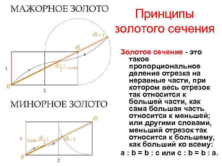 Принципы золотого сечения Золотое сечение - это такое пропорциональное деление отрезка на неравные части,