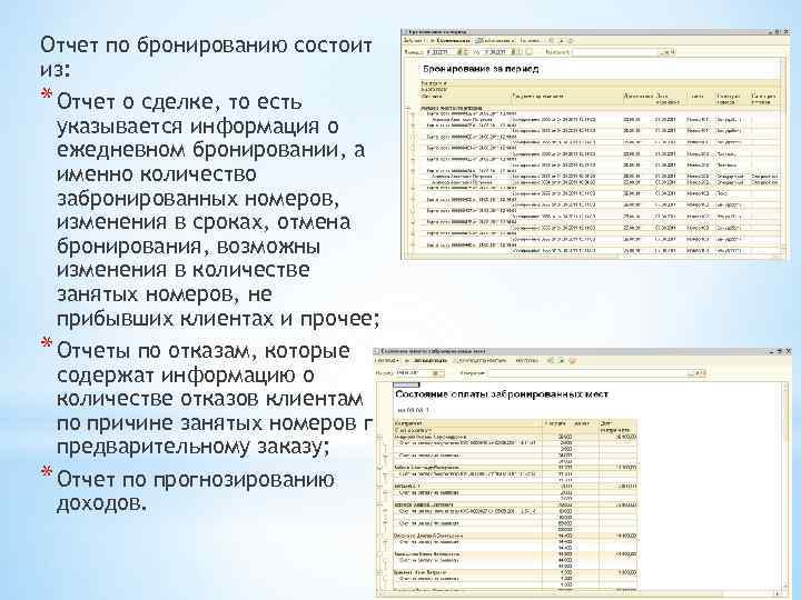 Отчет по бронированию состоит из: * Отчет о сделке, то есть указывается информация о