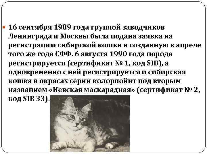  16 сентября 1989 года группой заводчиков Ленинграда и Москвы была подана заявка на