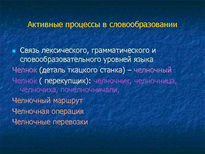 Активные процессы в словообразовании Связь лексического, грамматического и словообразовательного уровней языка Челнок (деталь ткацкого