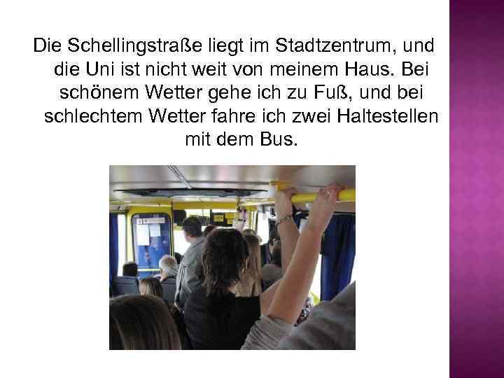 Die Schellingstraße liegt im Stadtzentrum, und die Uni ist nicht weit von meinem Haus.