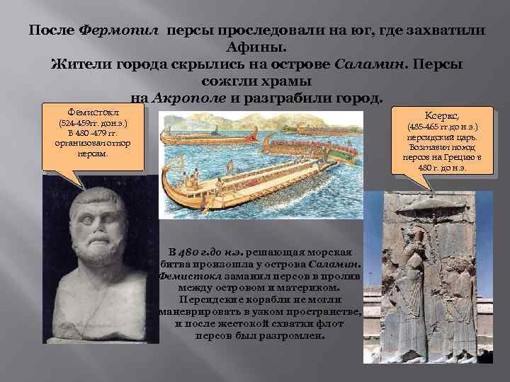 После Фермопил персы проследовали на юг, где захватили Афины. Жители города скрылись на острове