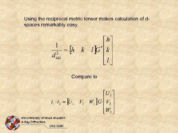 Using the reciprocal metric tensor makes calculation of dspaces remarkably easy. Compare to 