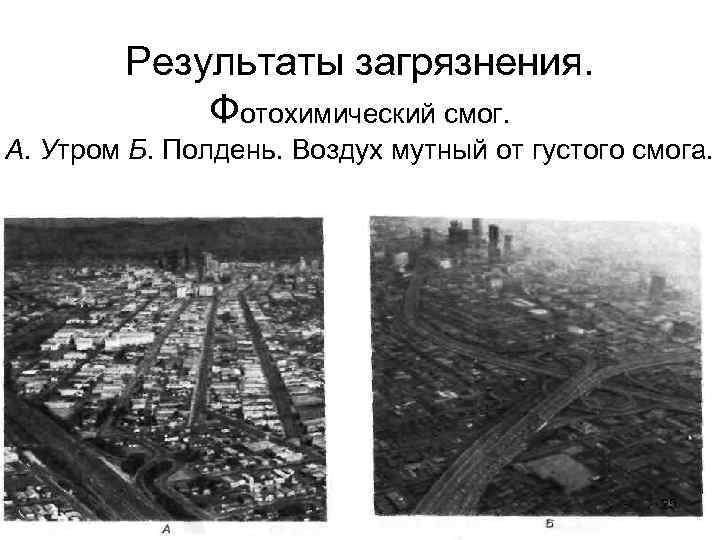 Результаты загрязнения. Фотохимический смог. А. Утром Б. Полдень. Воздух мутный от густого смога. 25