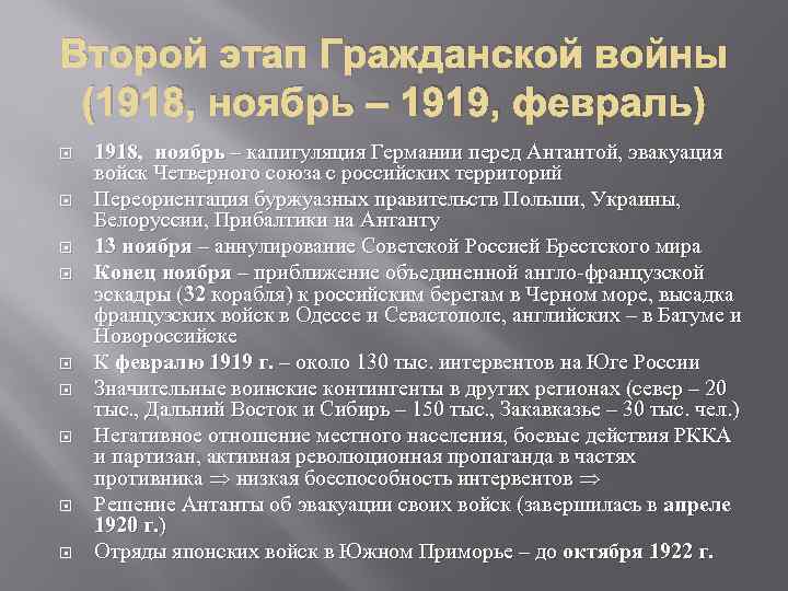 Этапы гражданской. Второй этап гражданской войны в России ноябрь 1918. Таблица Гражданская война ноябрь 1918 март 1919. Второй этап гражданской войны ноябрь 1918 март 1920. Итоги 2 этапа гражданской войны ноябрь 1918 - март 1919 г.